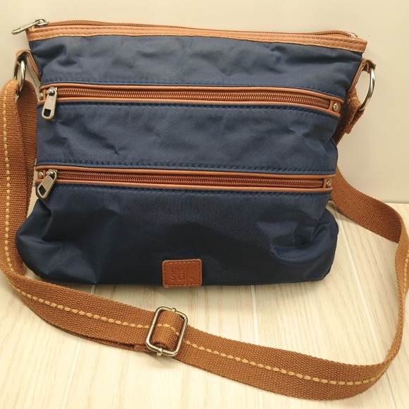 The Sak Esperato Nylon Triple Zip Crossbody Shoulder Bag Blue Brown Organizer - Picture 1 of 15